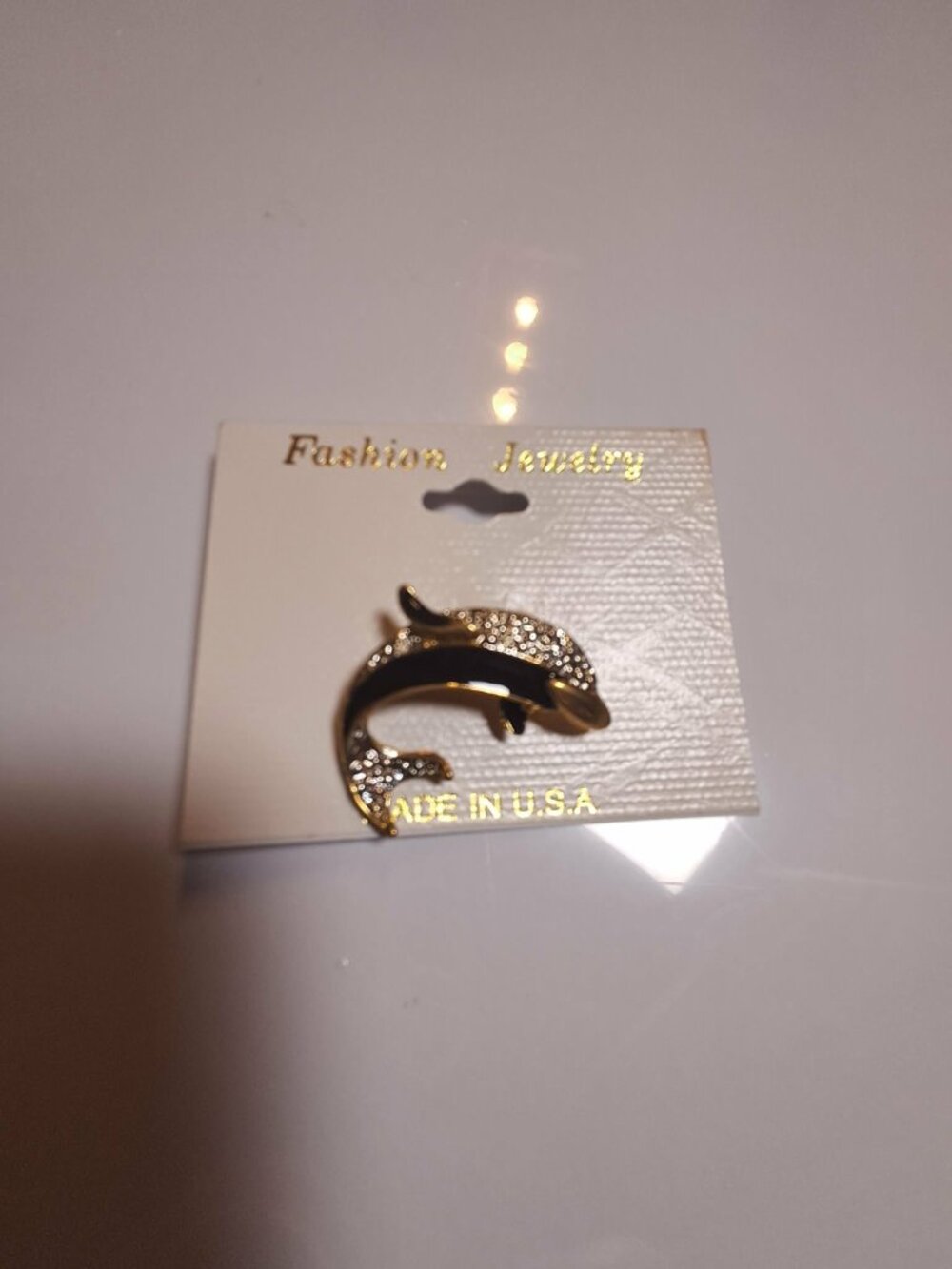 Vintage Gold Tone Dolphin Brooch Black Enamel Rhinestones - Picture 4 of 5